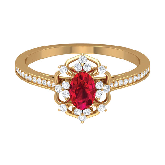 Vintage Style 0.6 Carat Ruby Oval Engagement Ring with Diamond