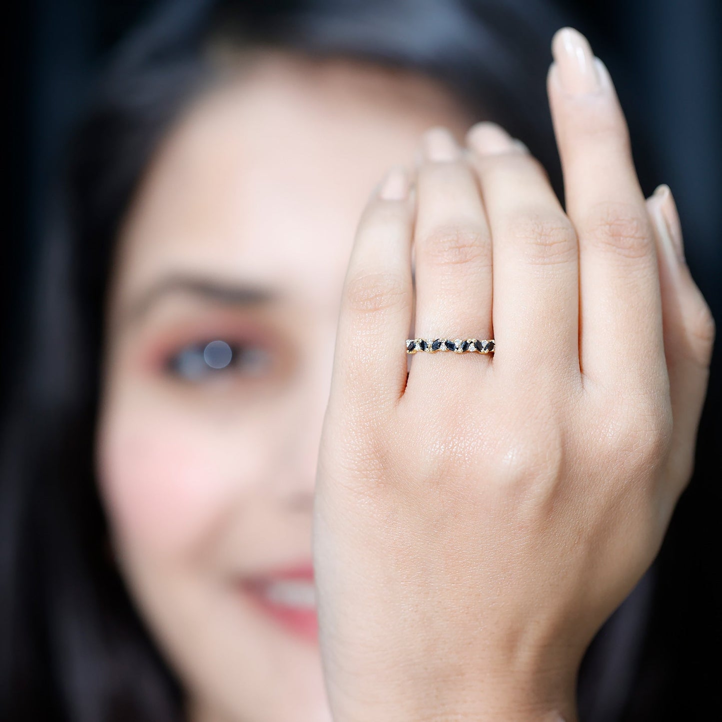 Natural Marquise Black Spinel Diamond Half Eternity Ring