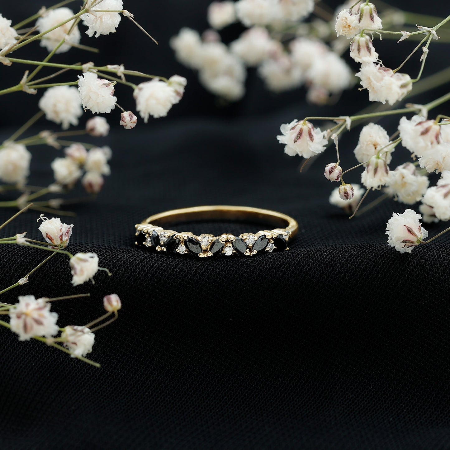 Natural Marquise Black Spinel Diamond Half Eternity Ring