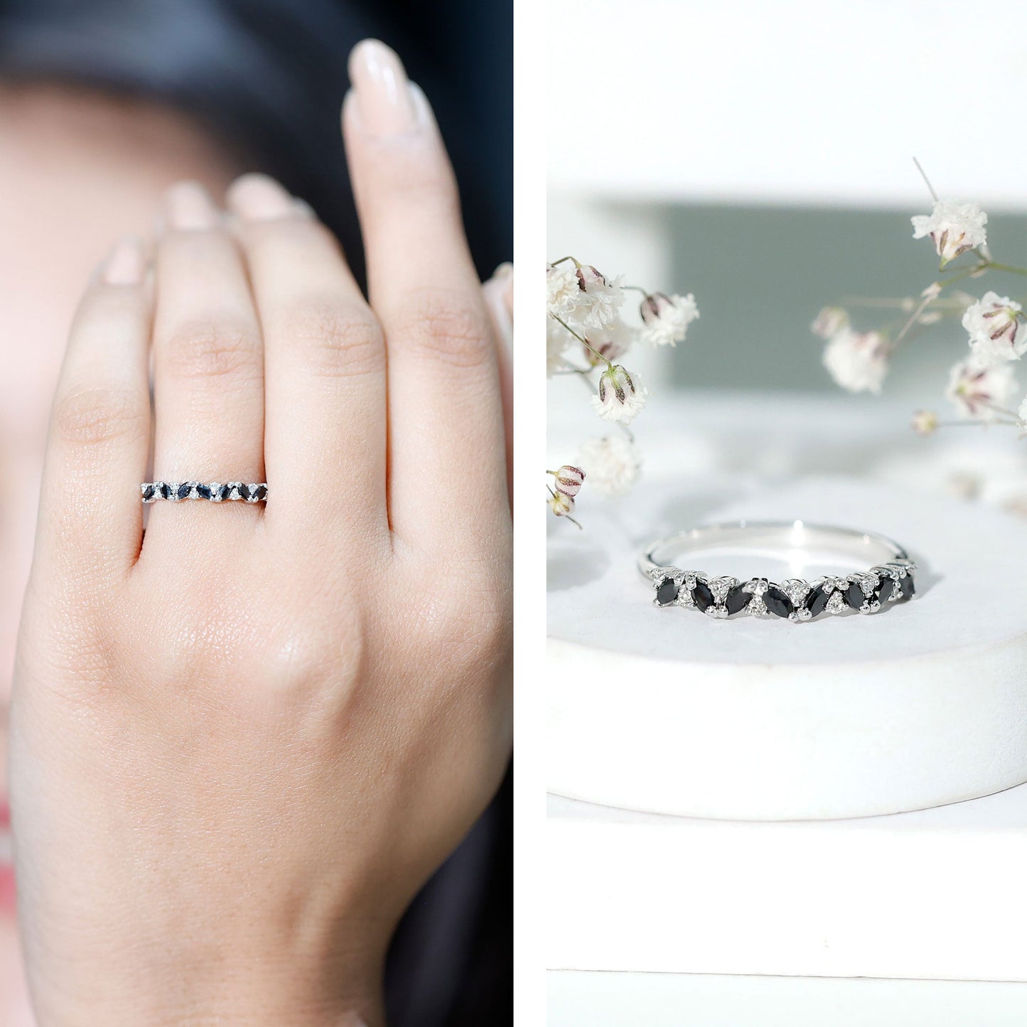 Minimalist Black Onyx and Diamond Half Eternity Ring