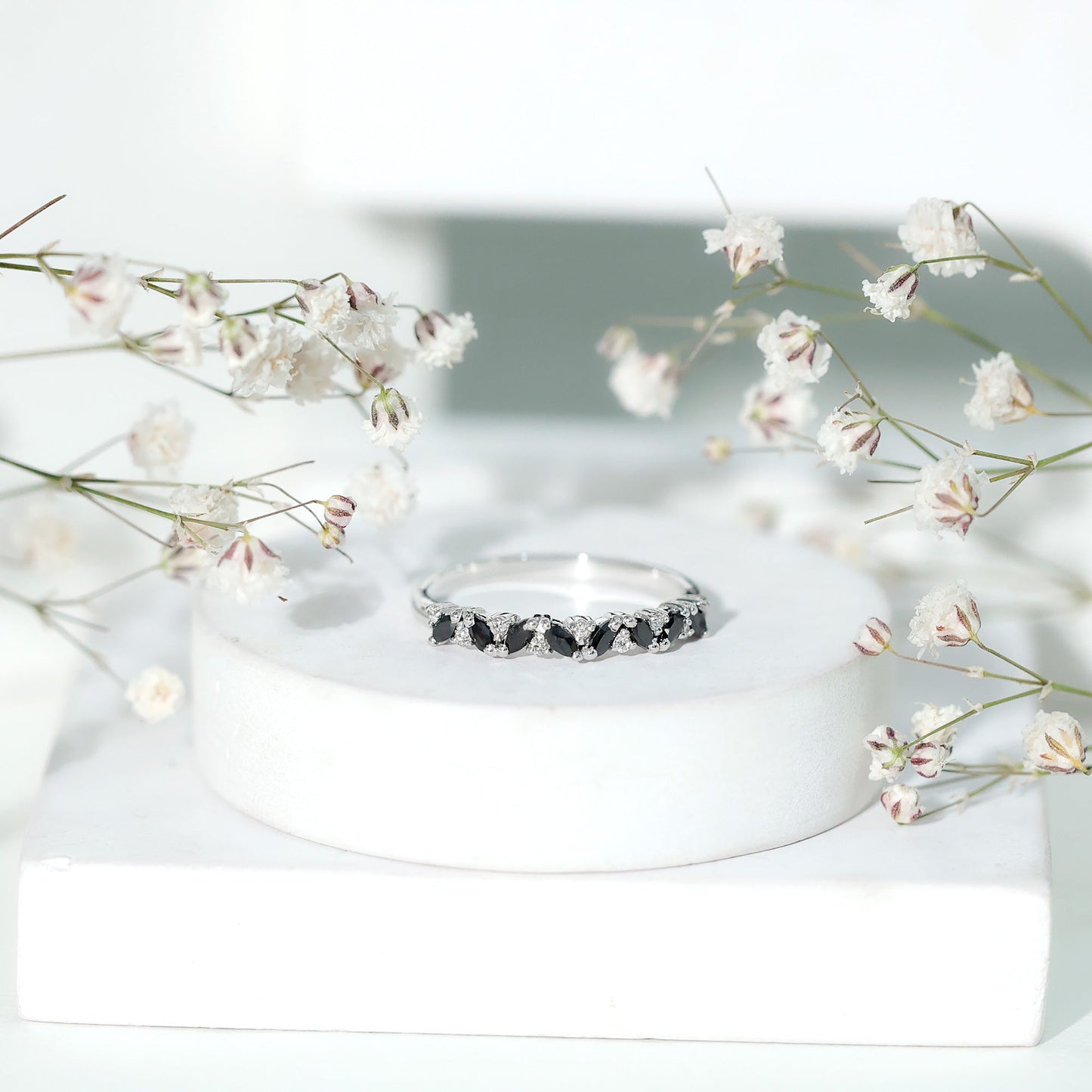 Minimalist Black Onyx and Diamond Half Eternity Ring