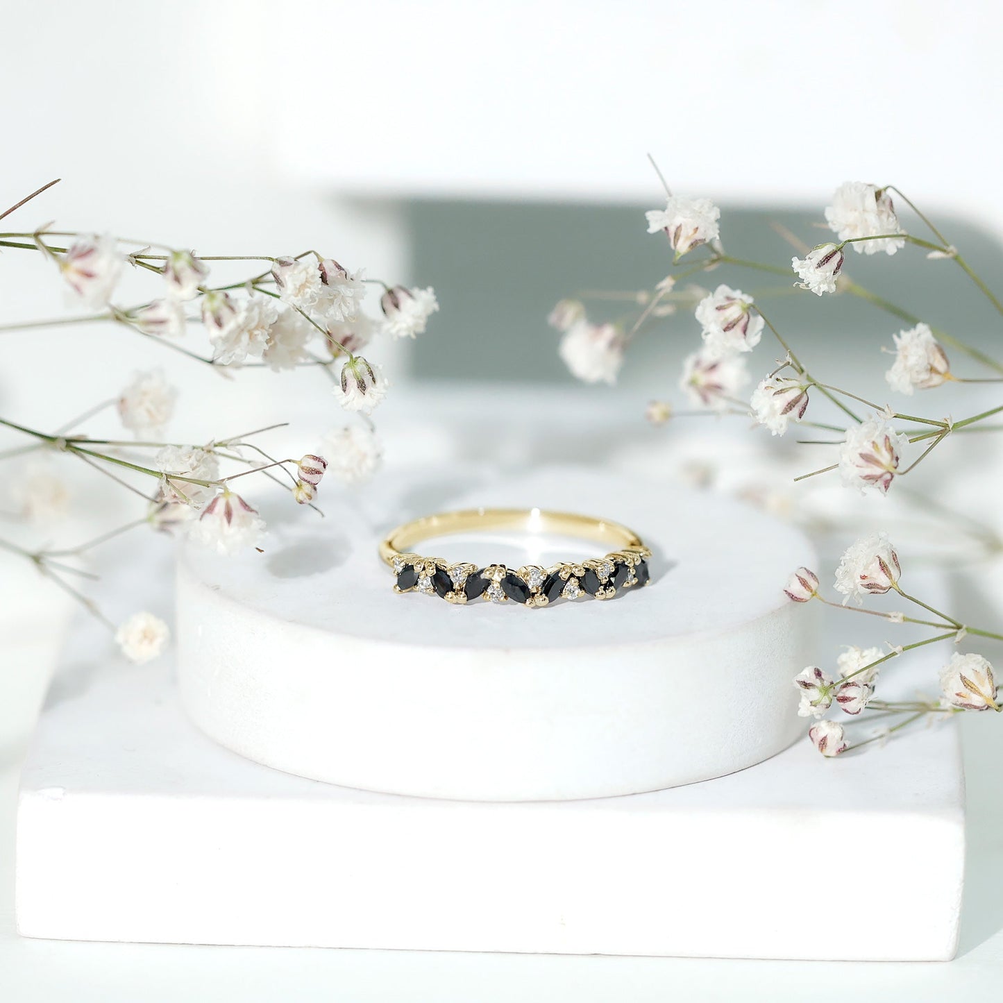 Minimalist Black Onyx and Diamond Half Eternity Ring