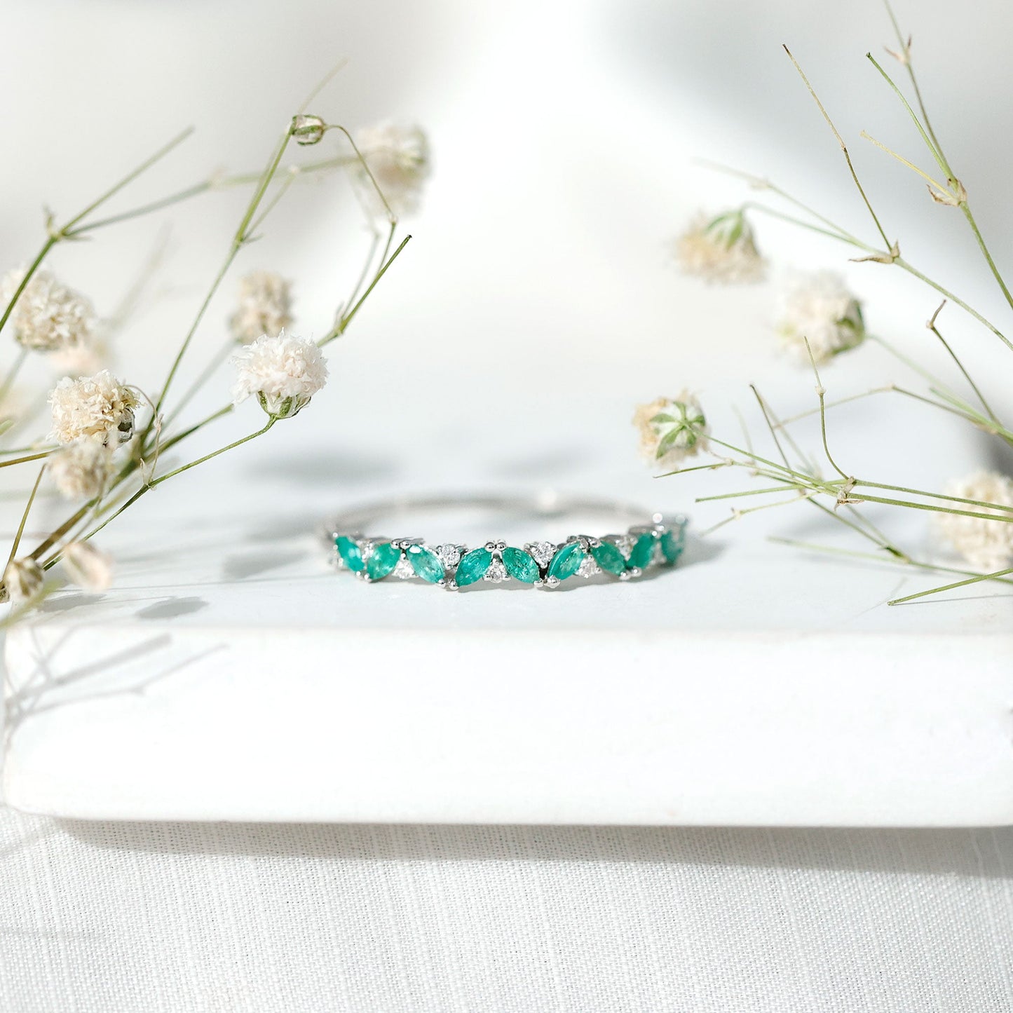 Marquise Emerald and Diamond Half Eternity Ring