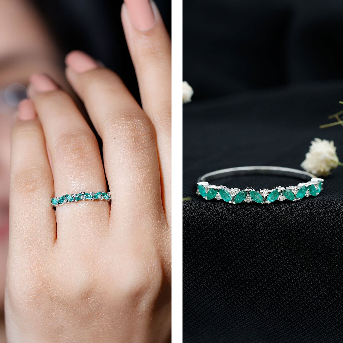 Marquise Emerald and Diamond Half Eternity Ring