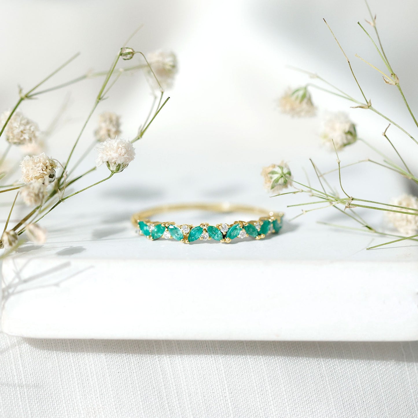 Marquise Emerald and Diamond Half Eternity Ring