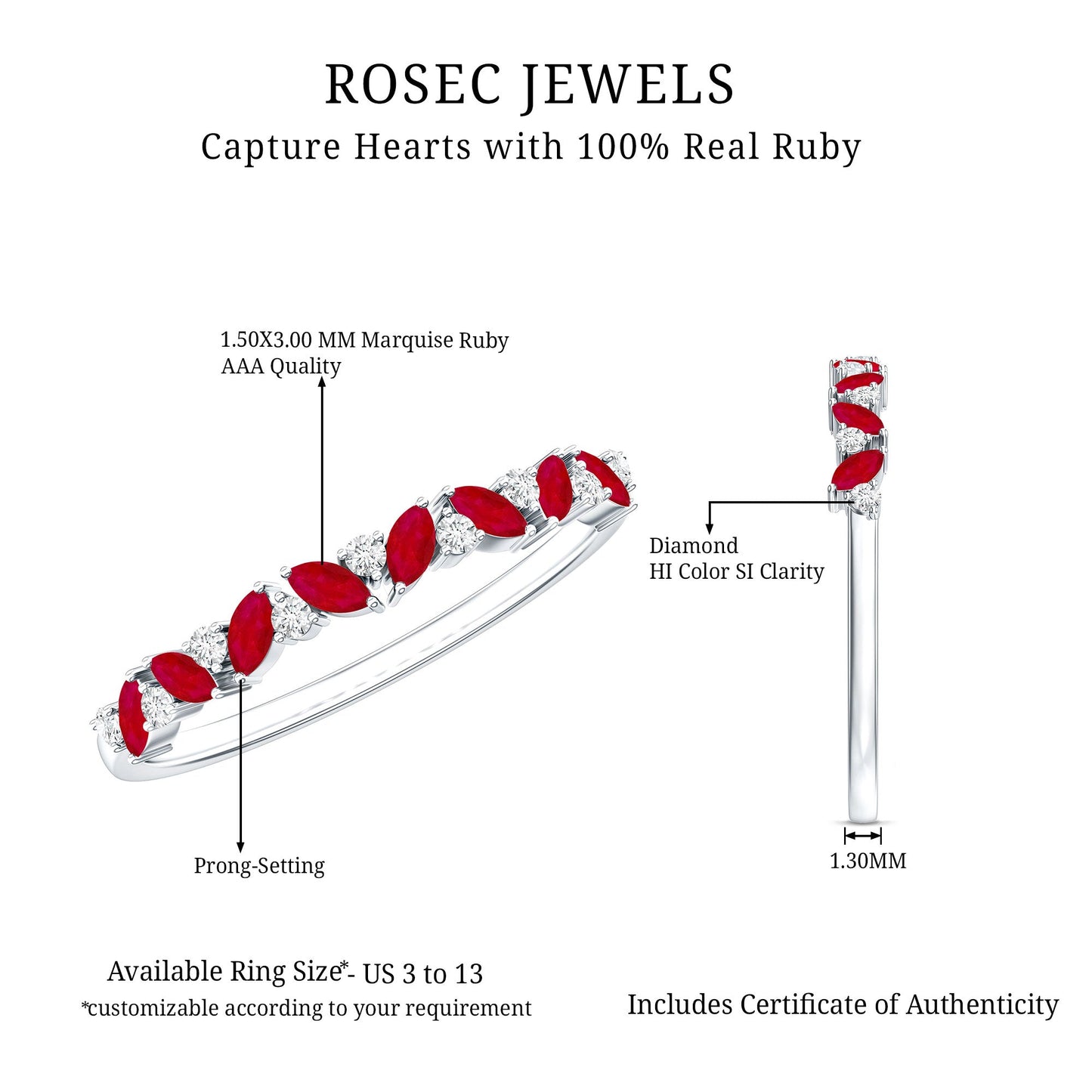 Natural Marquise Ruby Half Eternity Ring with Diamond