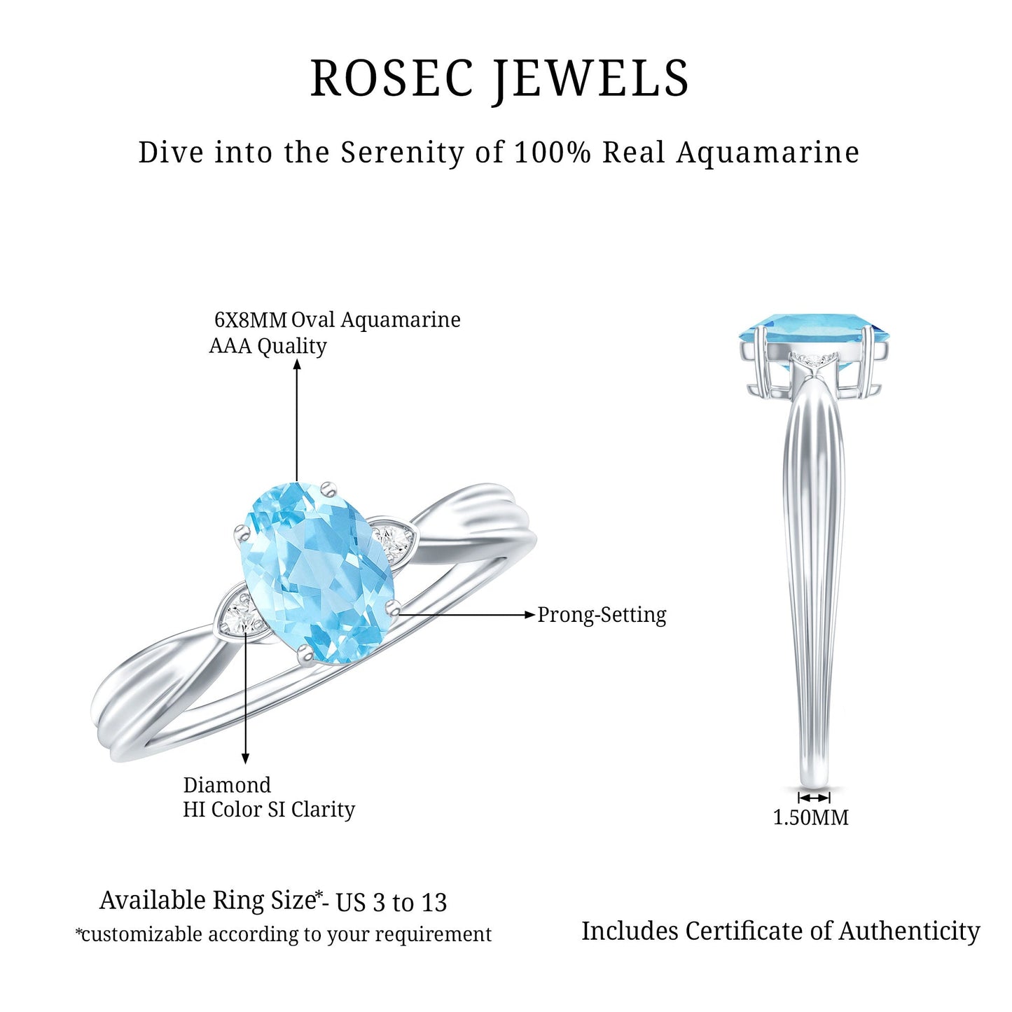 Certified Real Oval Aquamarine Engagement Ring for Women