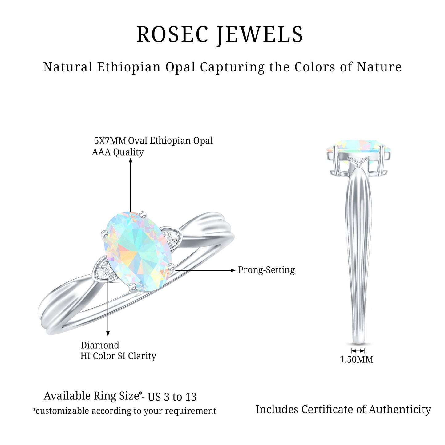 Natural Solitaire Ethiopian Opal Diamond Oval Engagement Ring With Pinched Shank