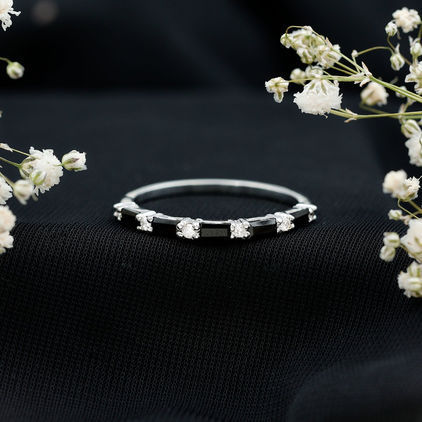 Certified Baguette Lab Grown Black and White Diamond Half Eternity Ring