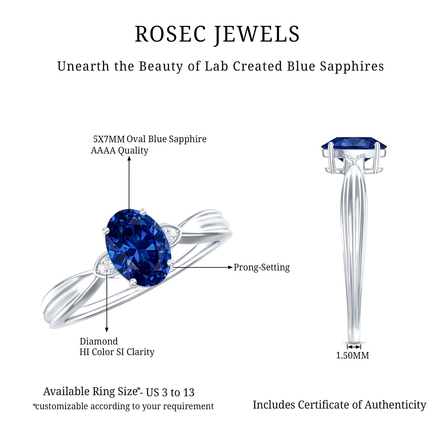 Certified 1 Carat Oval Lab Grown Blue Sapphire Solitaire Engagement Ring with Diamond