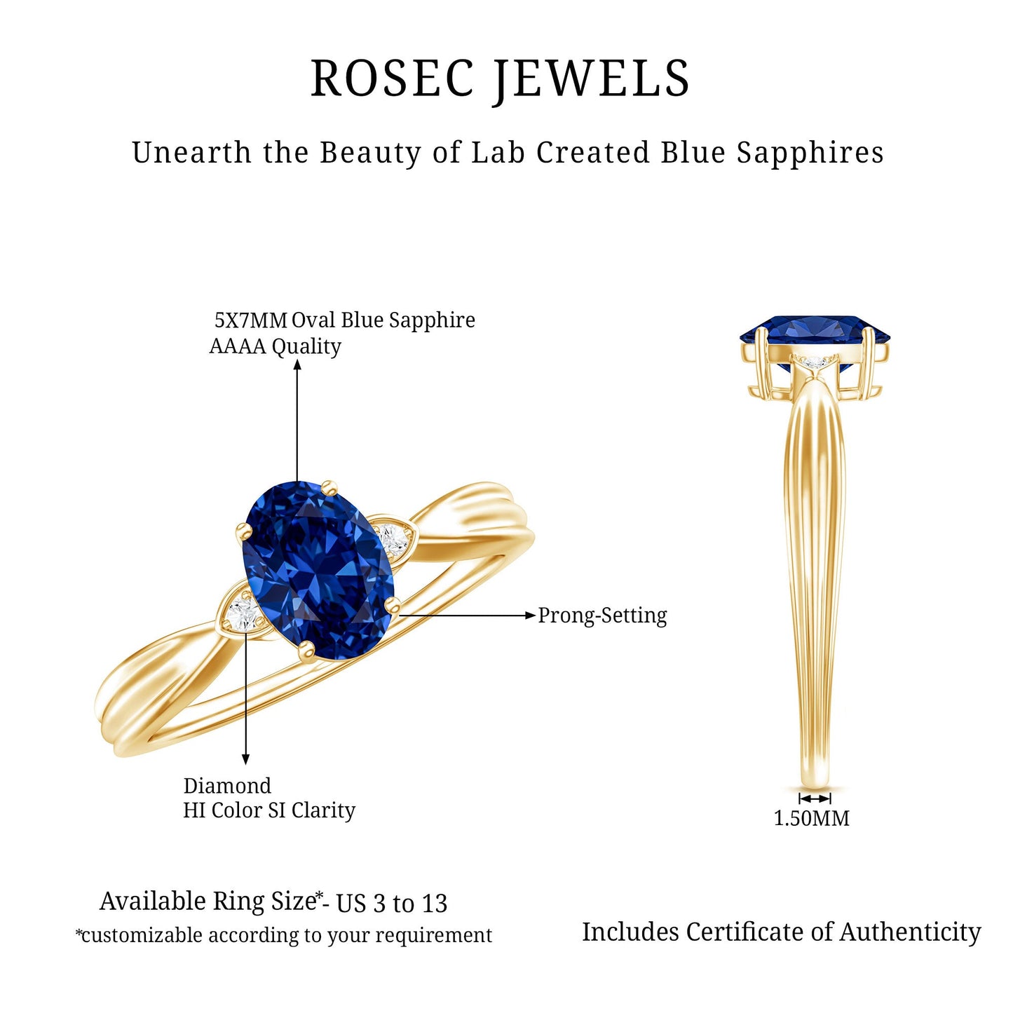 Certified 1 Carat Oval Lab Grown Blue Sapphire Solitaire Engagement Ring with Diamond