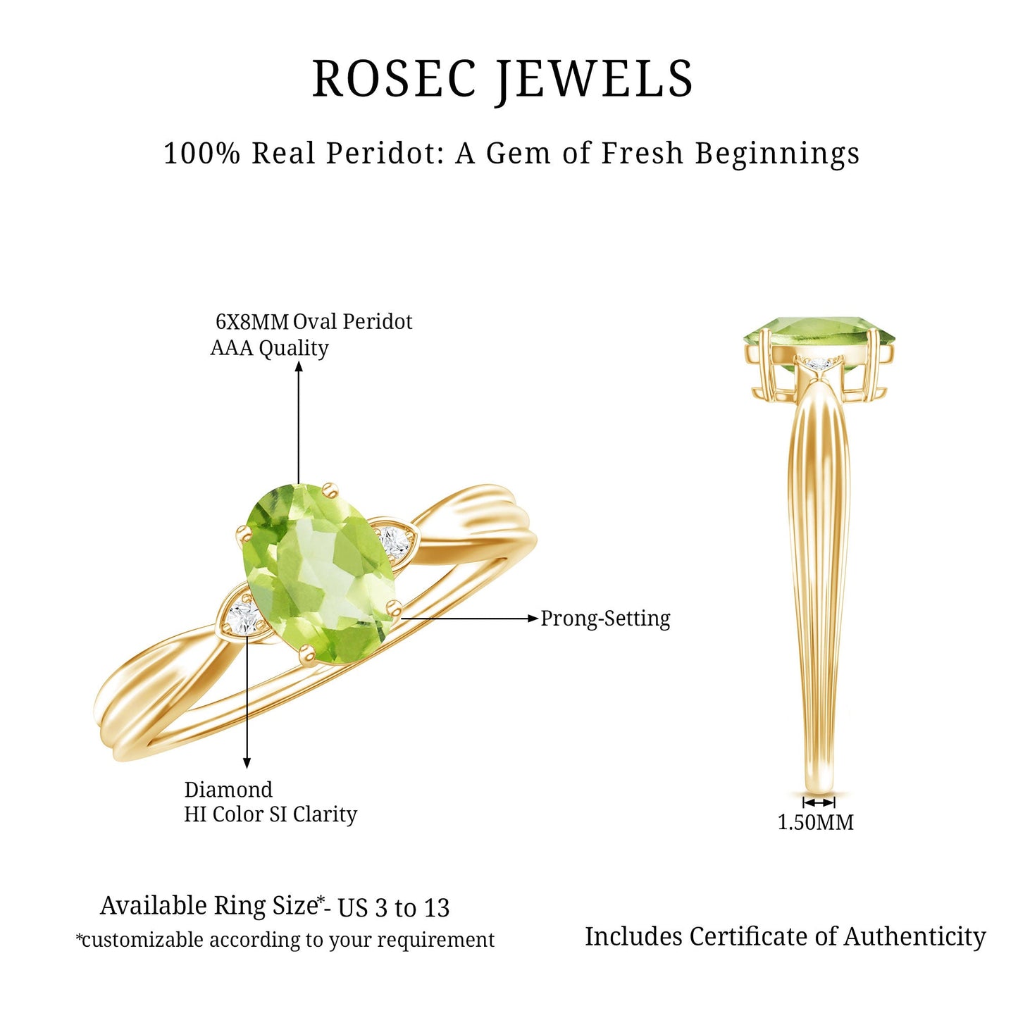 Natural 1 Carat Peridot Oval Engagement Ring with Diamond