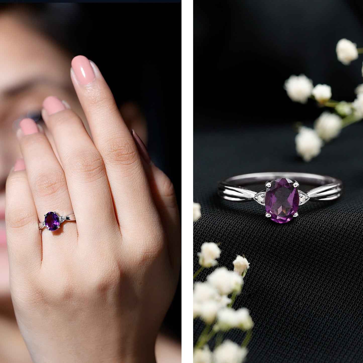 1 Carat Amethyst Oval Engagement Ring with Diamond