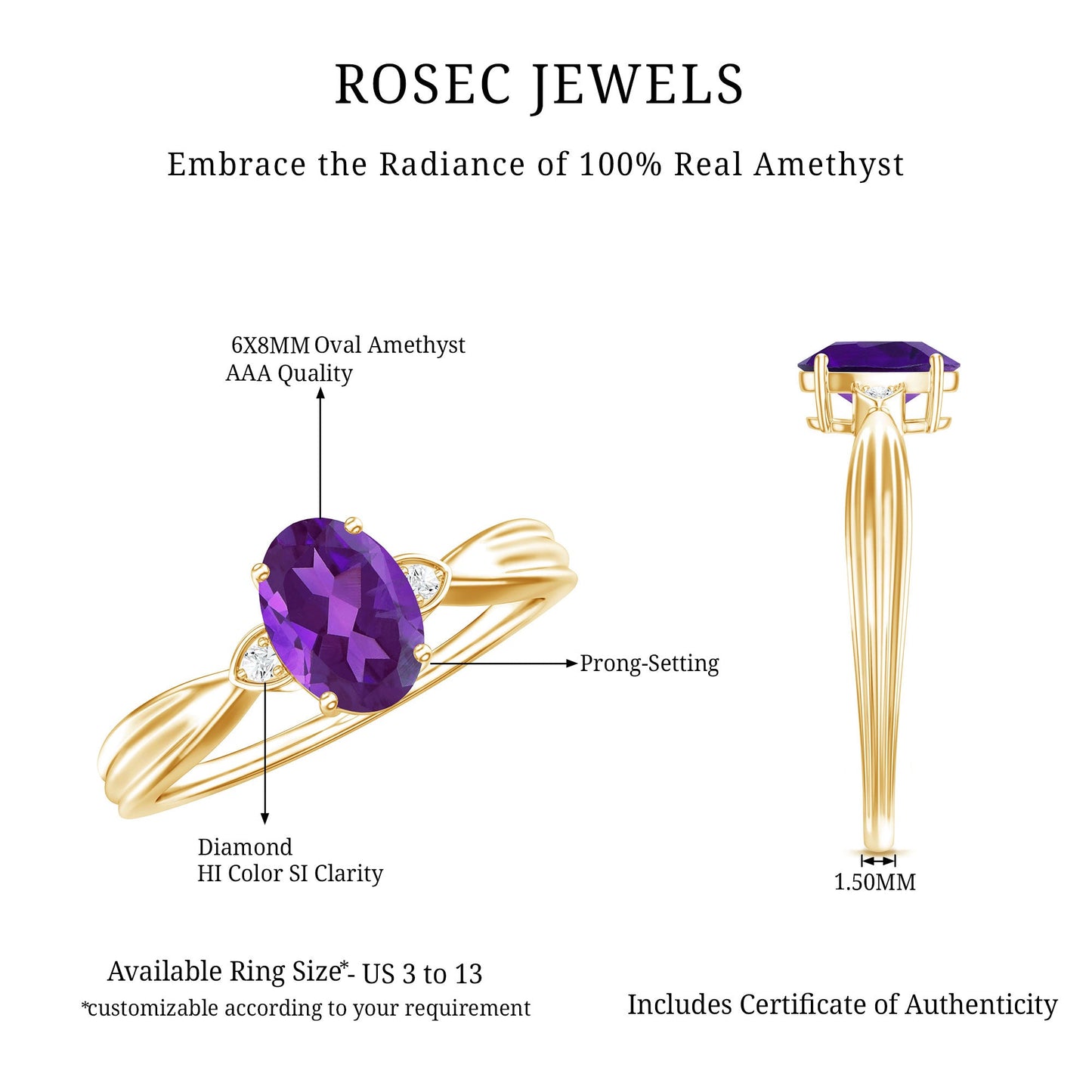 1 Carat Amethyst Oval Engagement Ring with Diamond