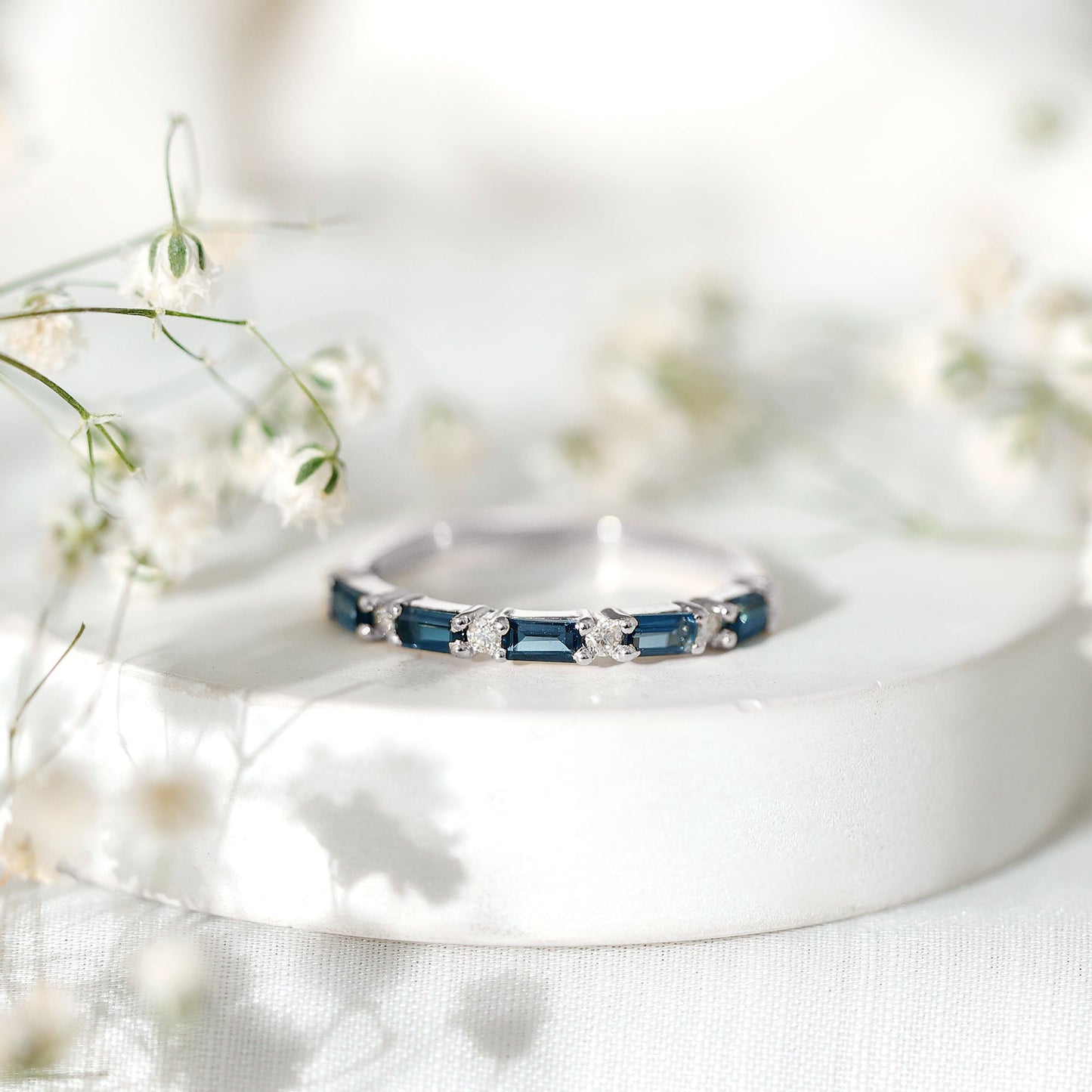 Baguette London Blue Topaz and Diamond Stackable Band Ring