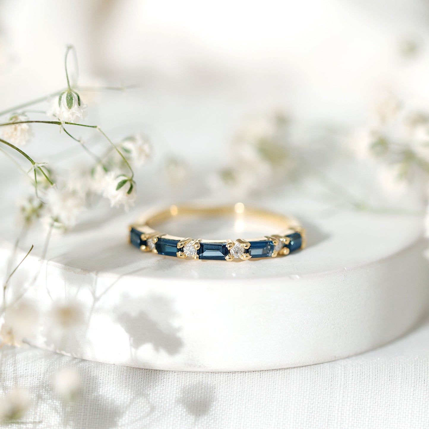Baguette London Blue Topaz and Diamond Stackable Band Ring