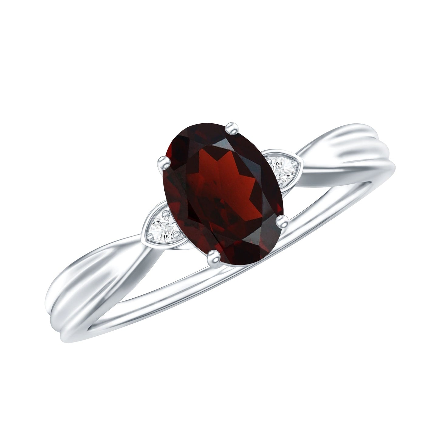 Certified Natural Garnet Diamond Oval Engagement Ring with Pinched Shank