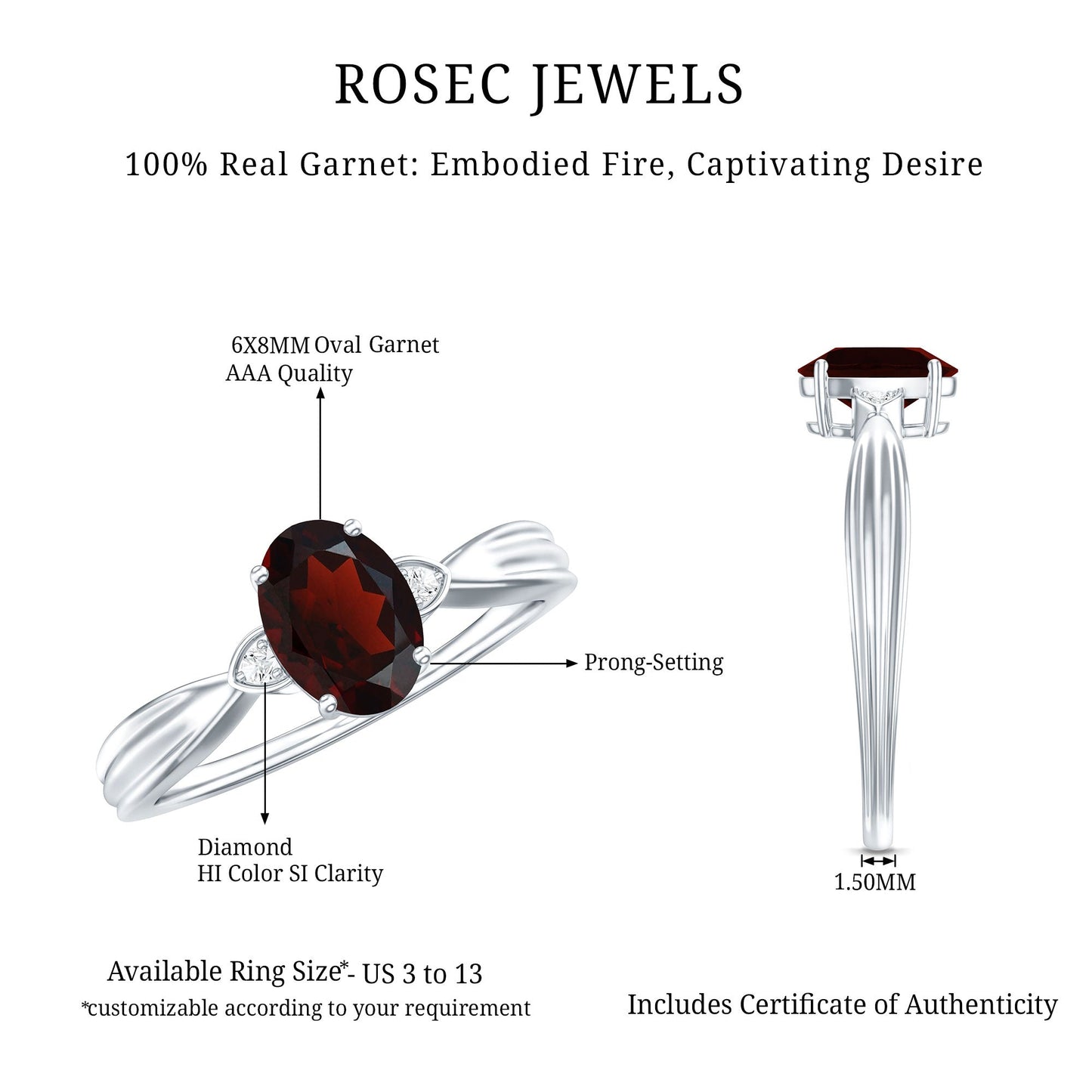 Certified Natural Garnet Diamond Oval Engagement Ring with Pinched Shank