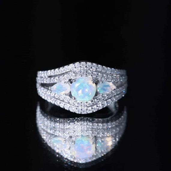 Real Ethiopian Opal 3 Stone Engagement Ring with Moissanite