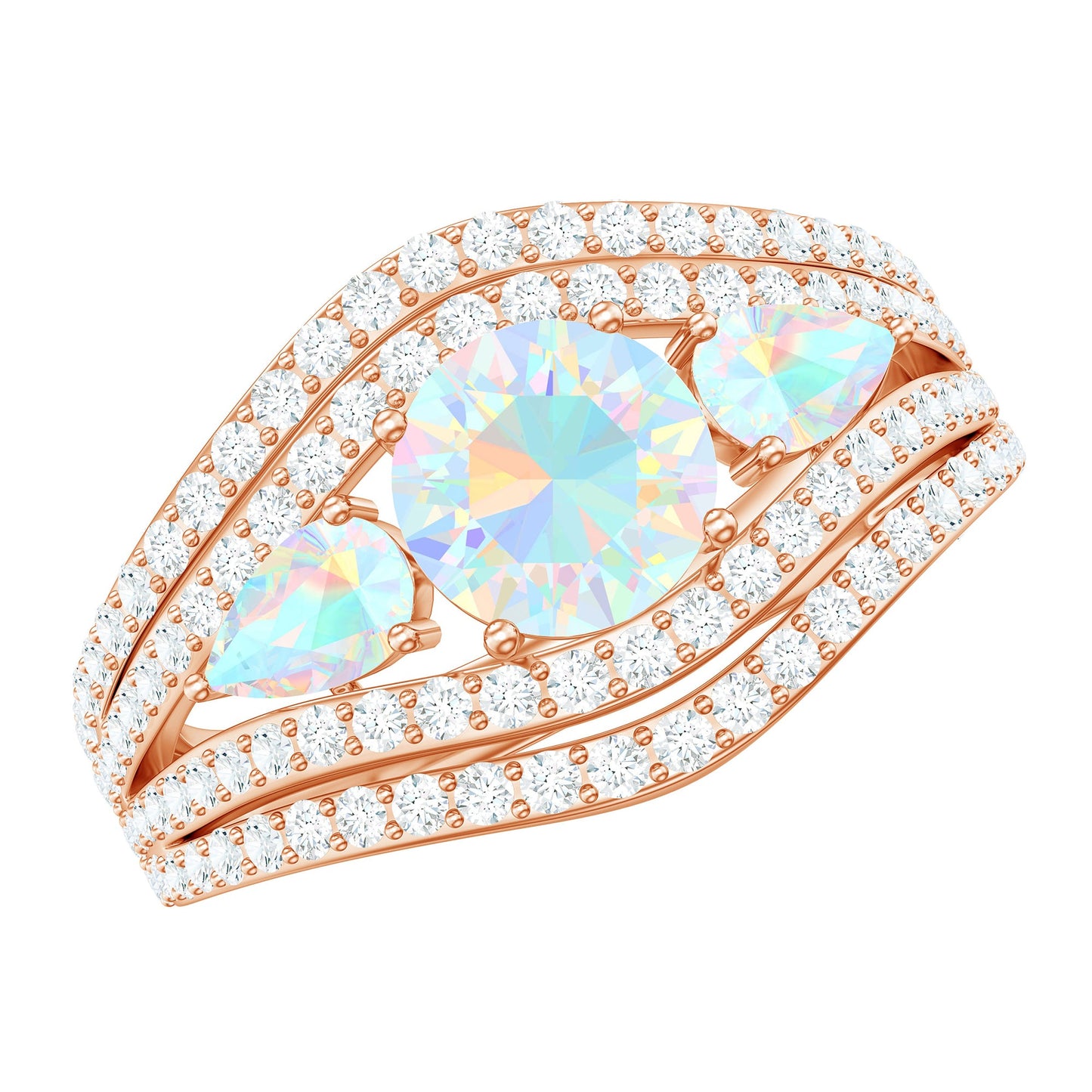 Real Ethiopian Opal 3 Stone Engagement Ring with Moissanite