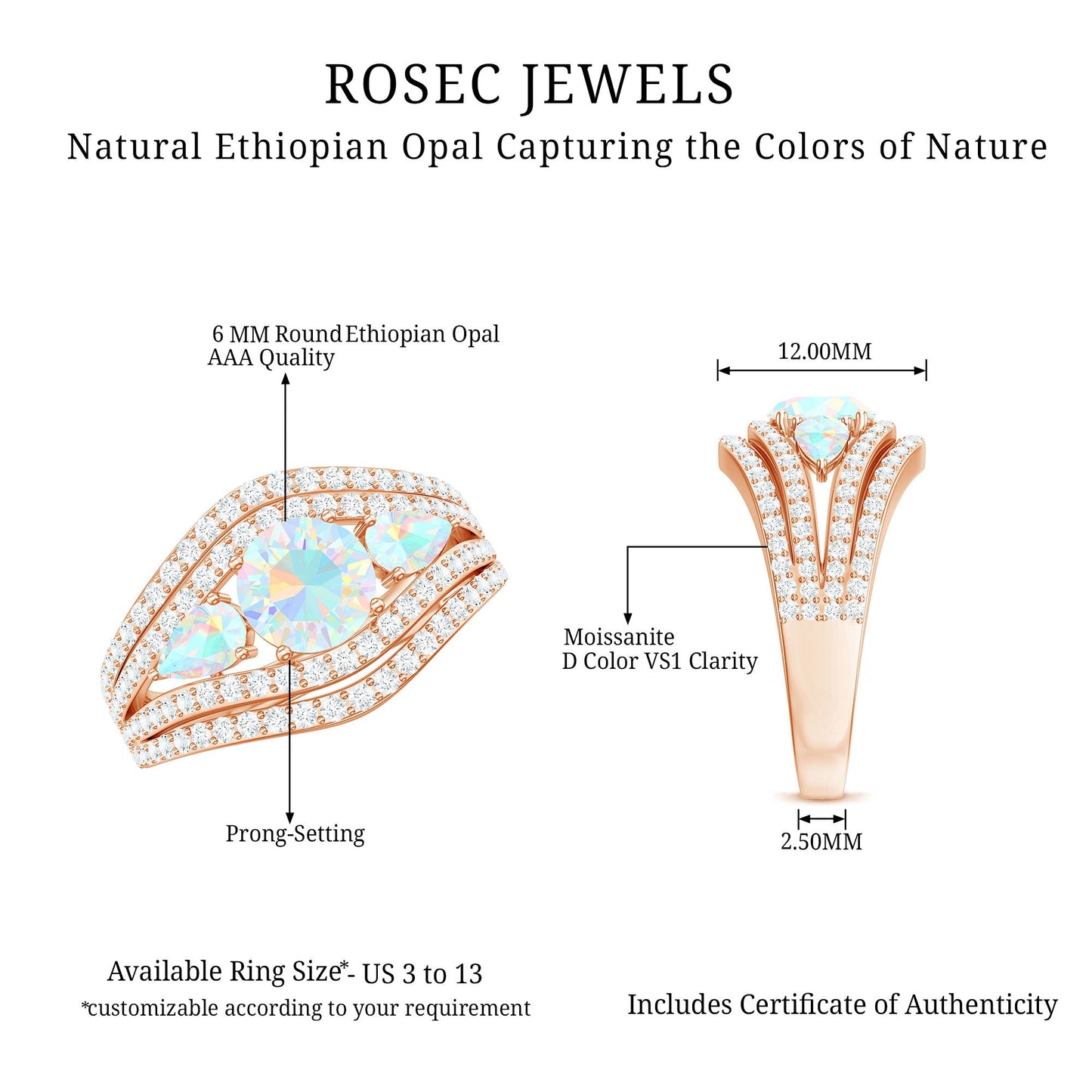 Real Ethiopian Opal 3 Stone Engagement Ring with Moissanite