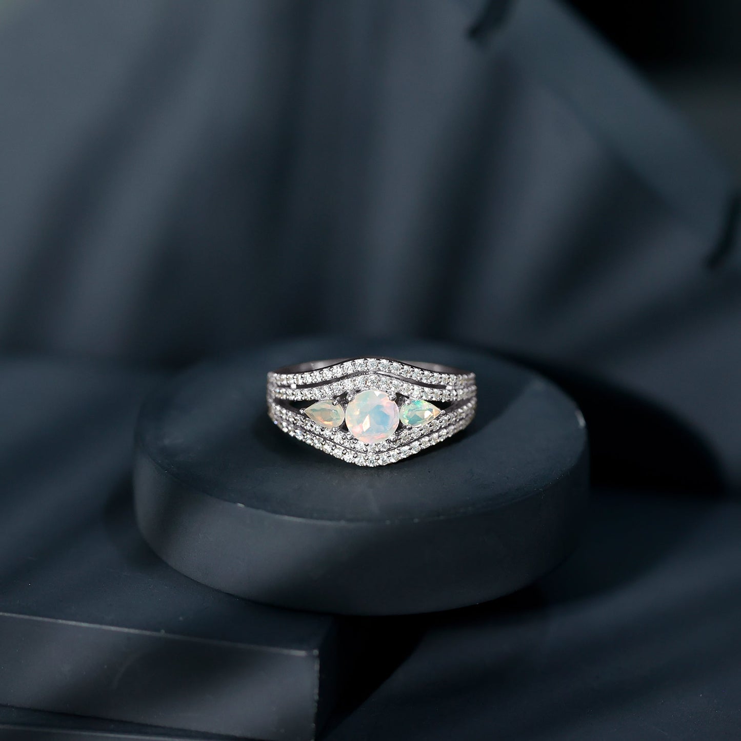 Real Ethiopian Opal 3 Stone Engagement Ring with Moissanite
