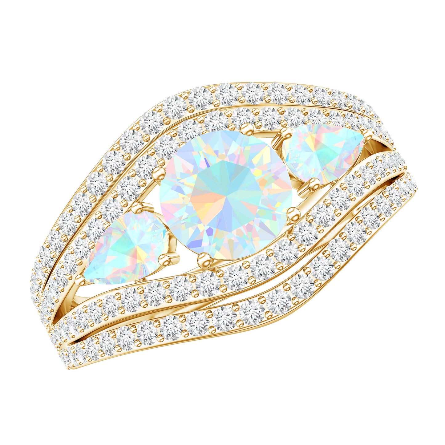 Real Ethiopian Opal 3 Stone Engagement Ring with Moissanite