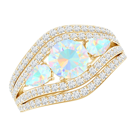 Real Ethiopian Opal 3 Stone Engagement Ring with Moissanite
