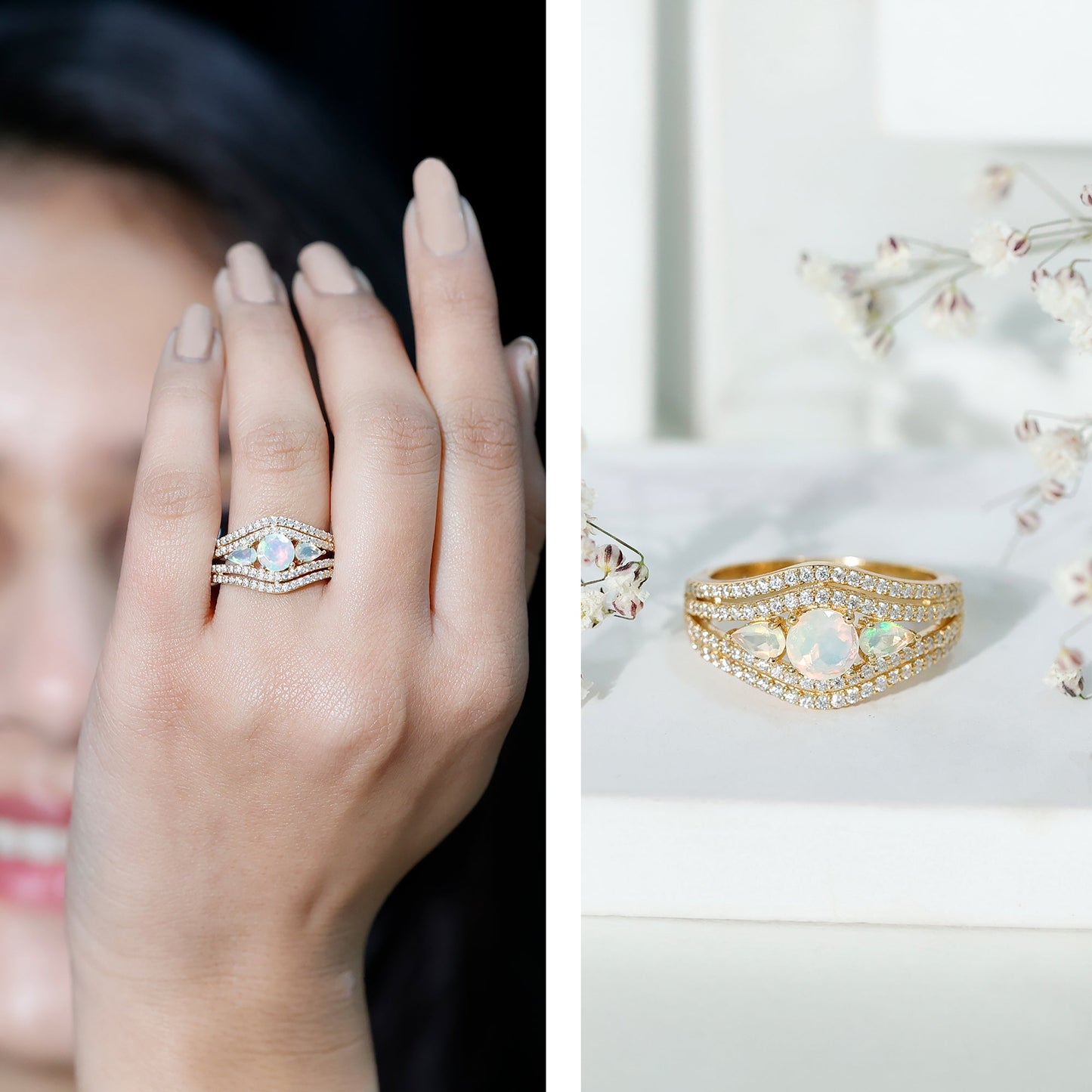 Real Ethiopian Opal 3 Stone Engagement Ring with Moissanite