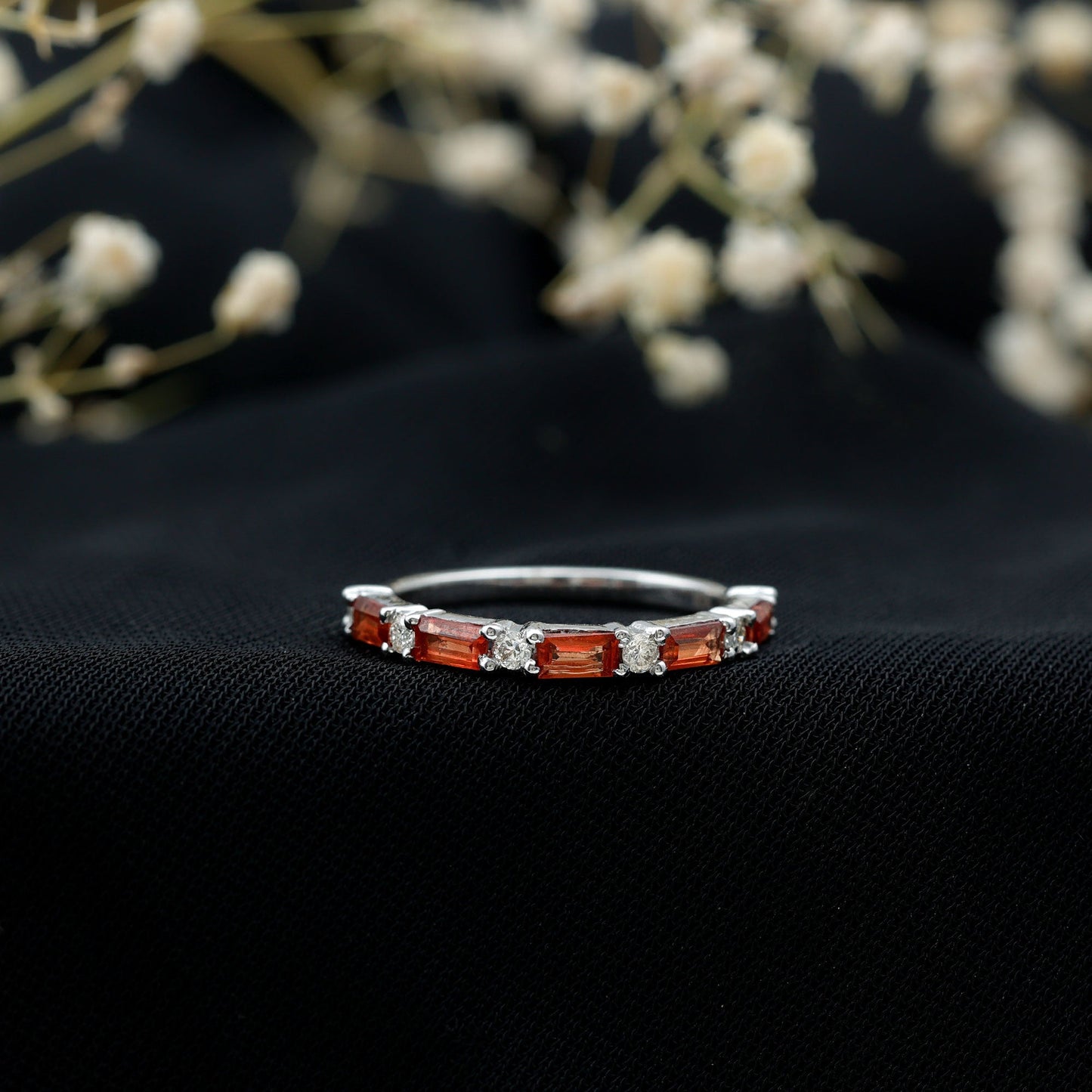 Lab Grown Orange Sapphire and Diamond Half Eternity Stackable Ring