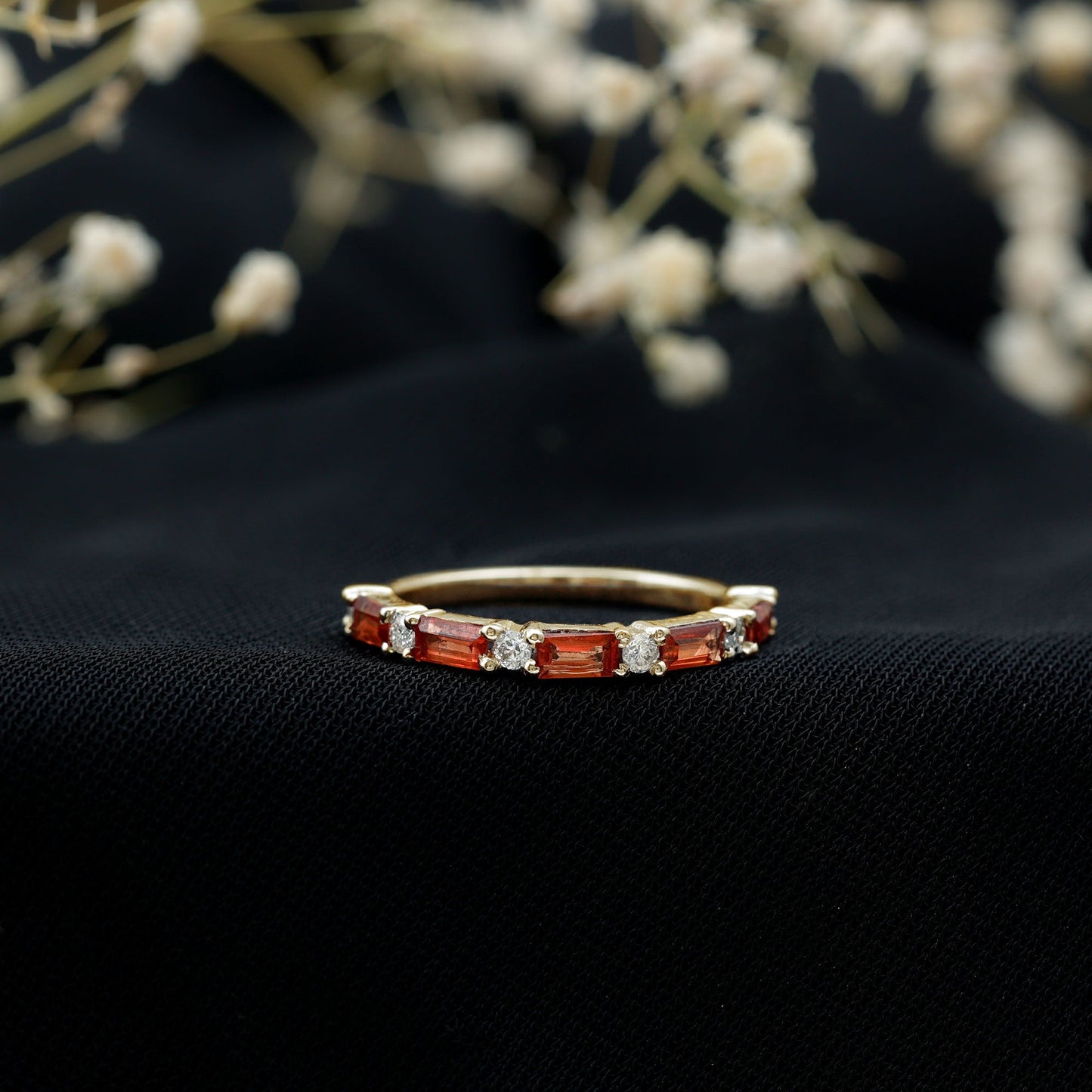 Lab Grown Orange Sapphire and Diamond Half Eternity Stackable Ring