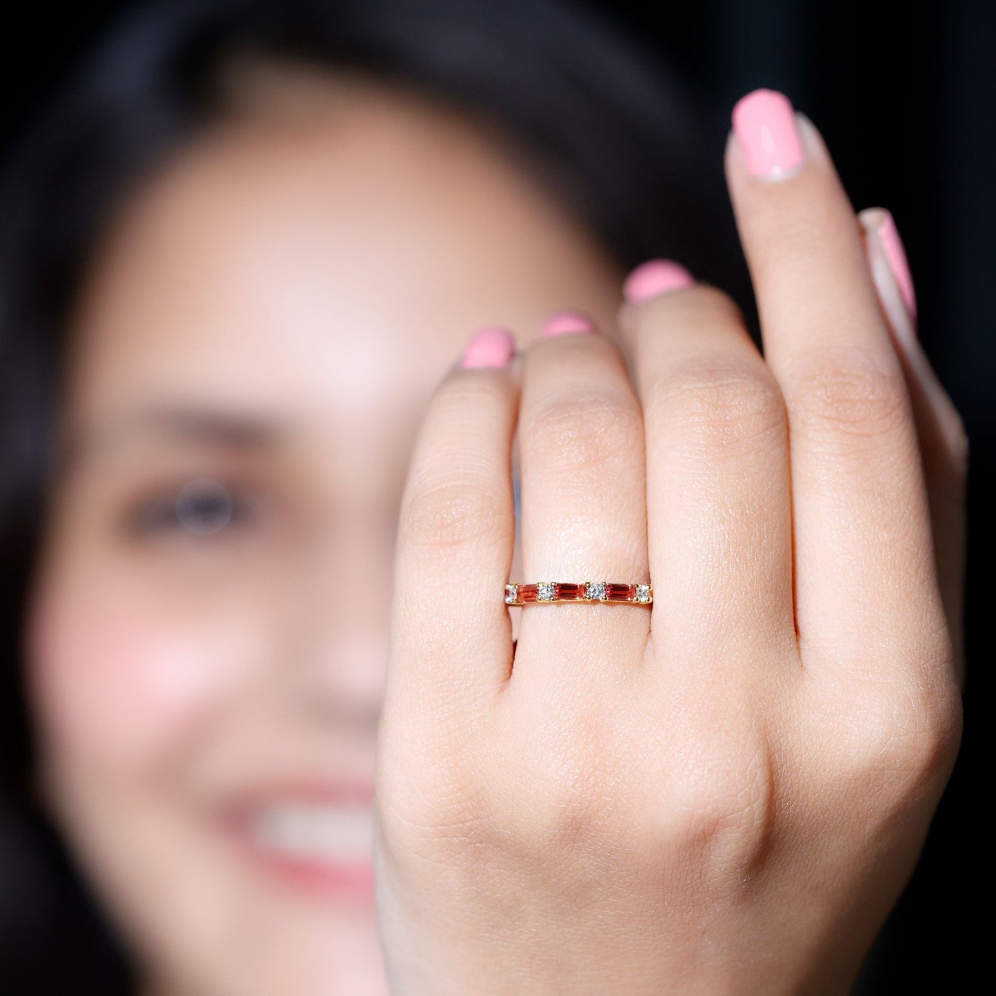 Lab Grown Orange Sapphire and Diamond Half Eternity Stackable Ring
