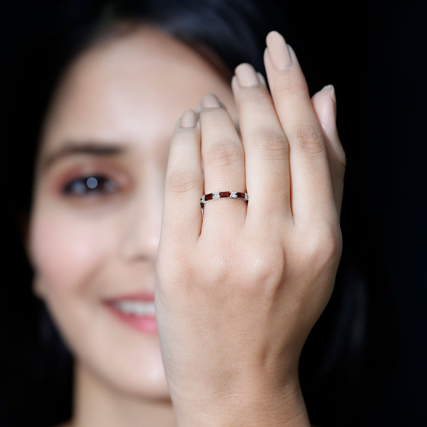 Natural Baguette Garnet Diamond Half Eternity Band With Certificate