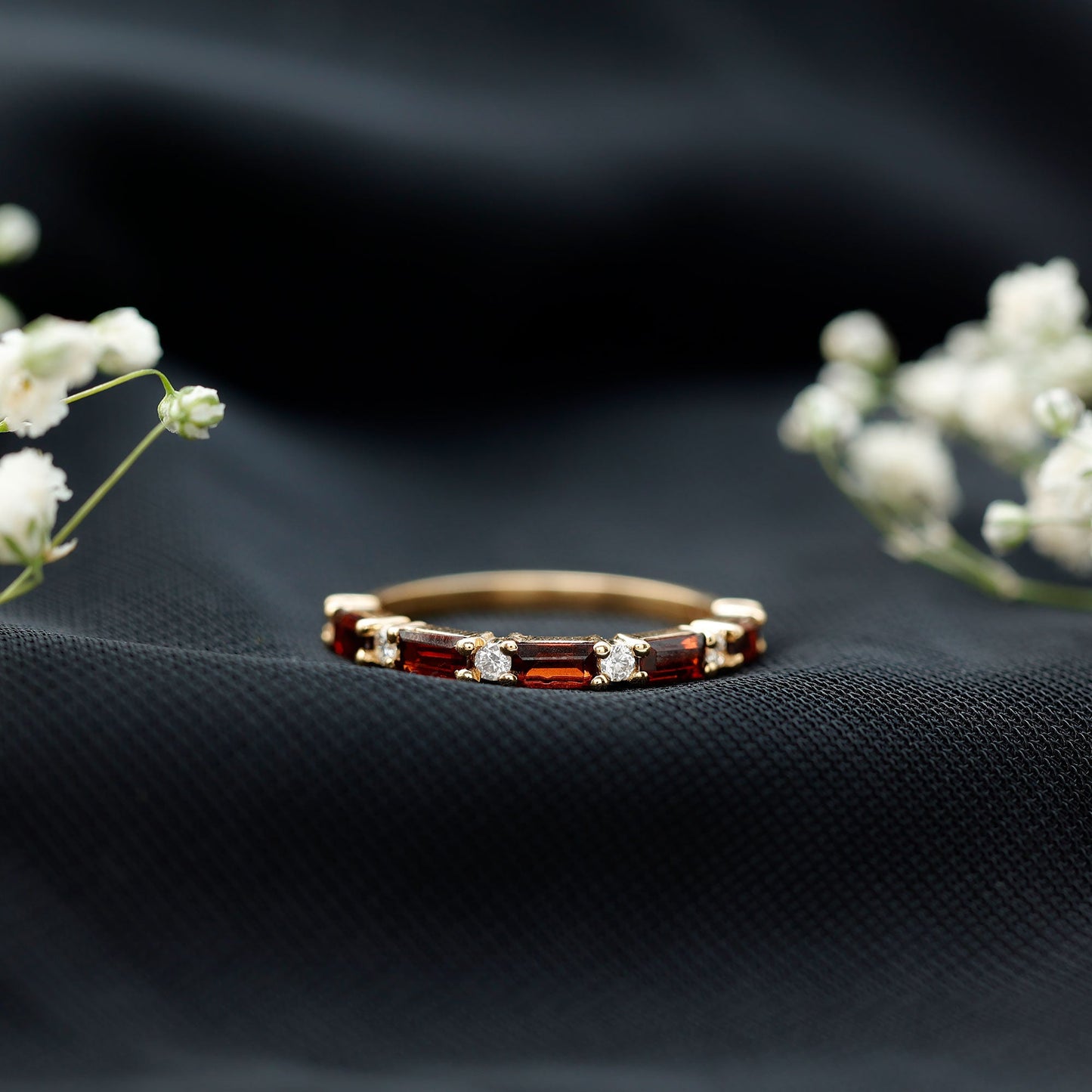 Natural Baguette Garnet Diamond Half Eternity Band With Certificate