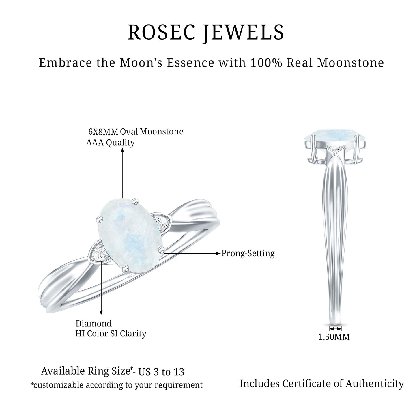 0.6 Carat Oval Cut Moonstone Solitaire Ring with Diamond