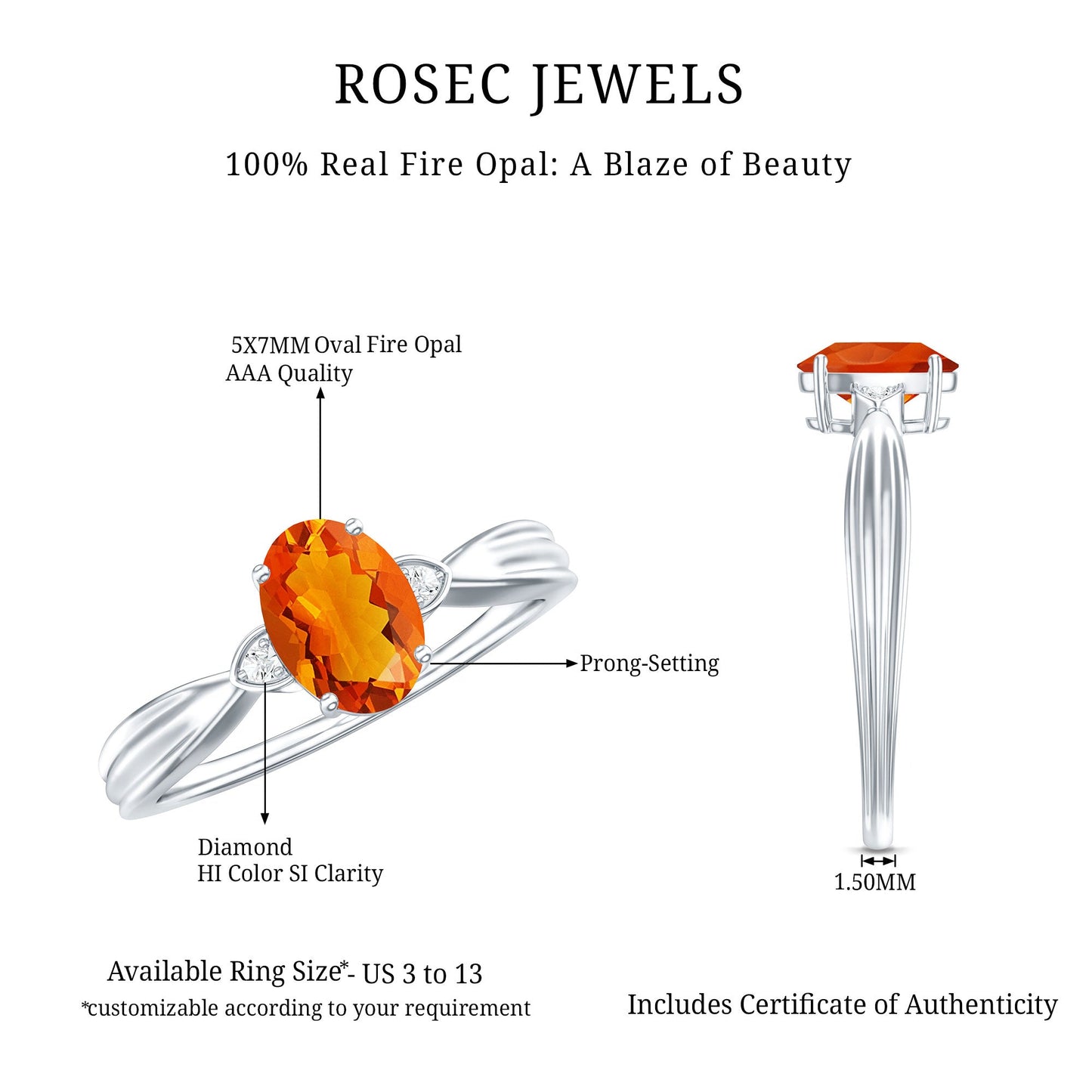 0.6 Carat Oval Shape Fire Opal Engagement Ring with Diamond