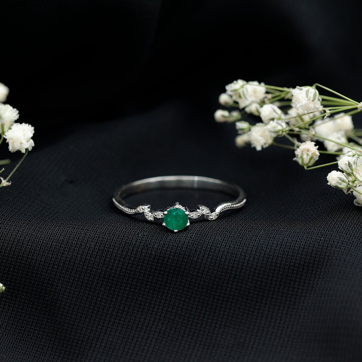 Nature Inspired Emerald Promise Ring with Diamond
