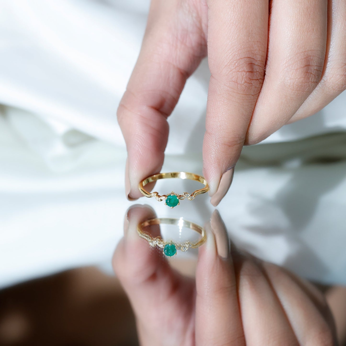 Nature Inspired Emerald Promise Ring with Diamond