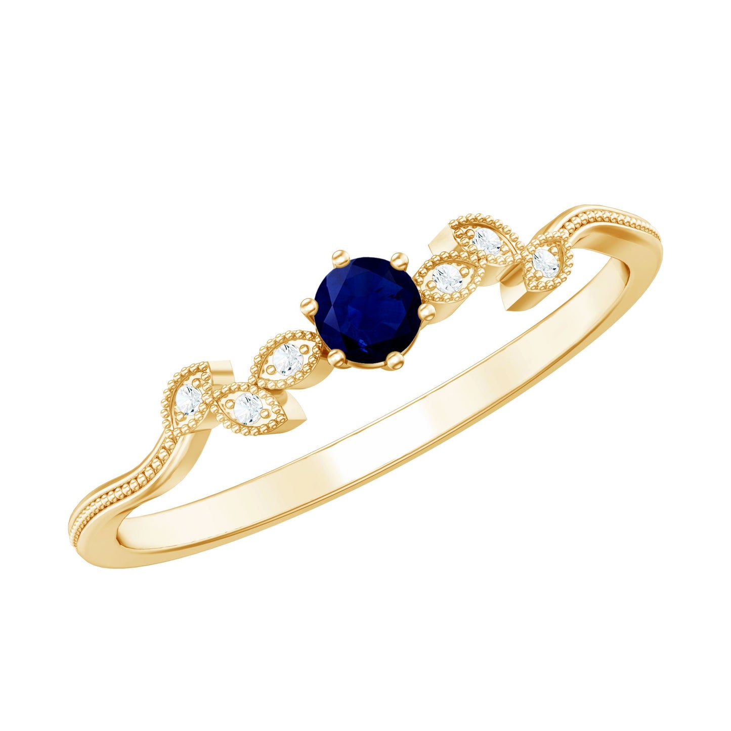 Minimalist Blue Sapphire and Diamond Leaf Promise Ring with Certificate