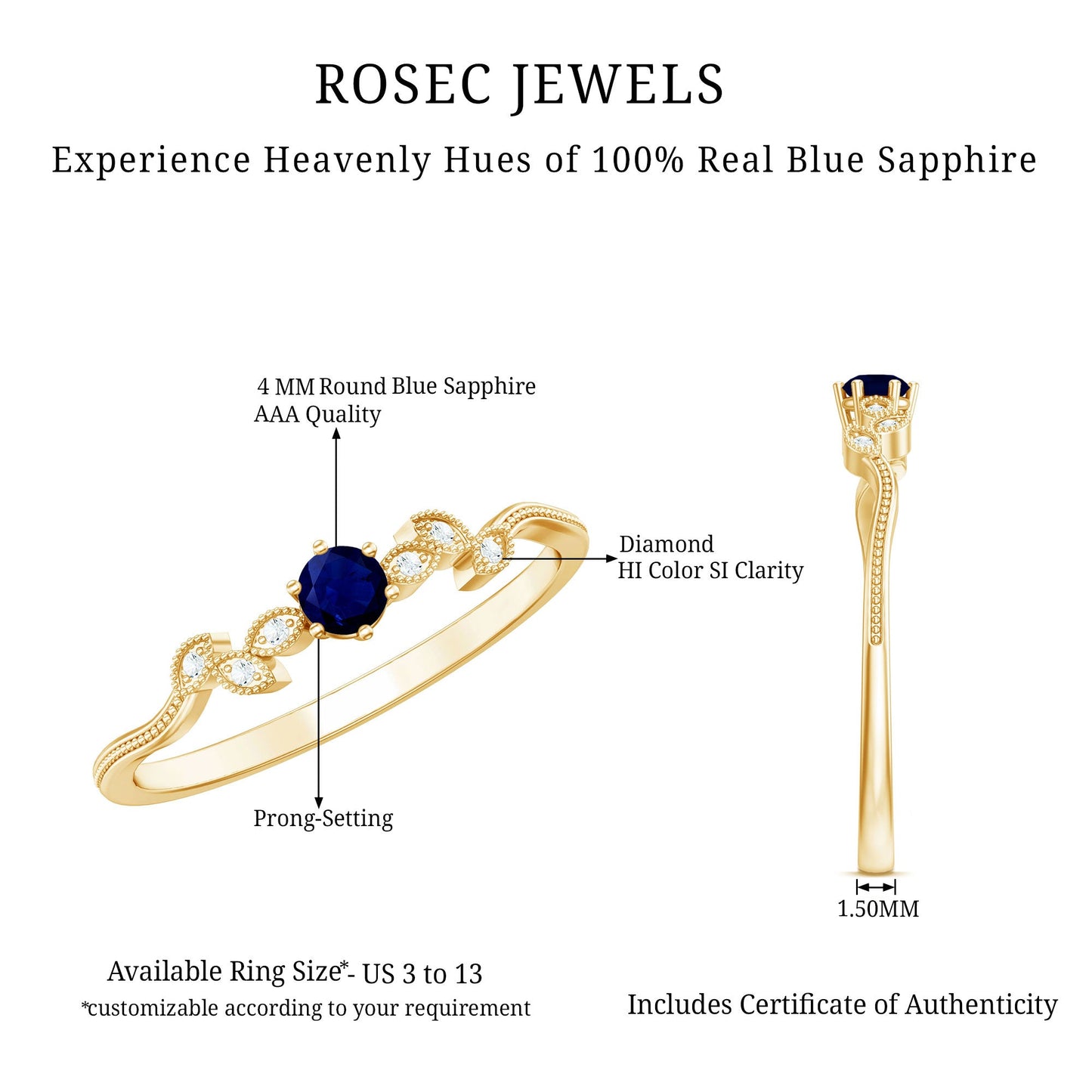 Minimalist Blue Sapphire and Diamond Leaf Promise Ring with Certificate