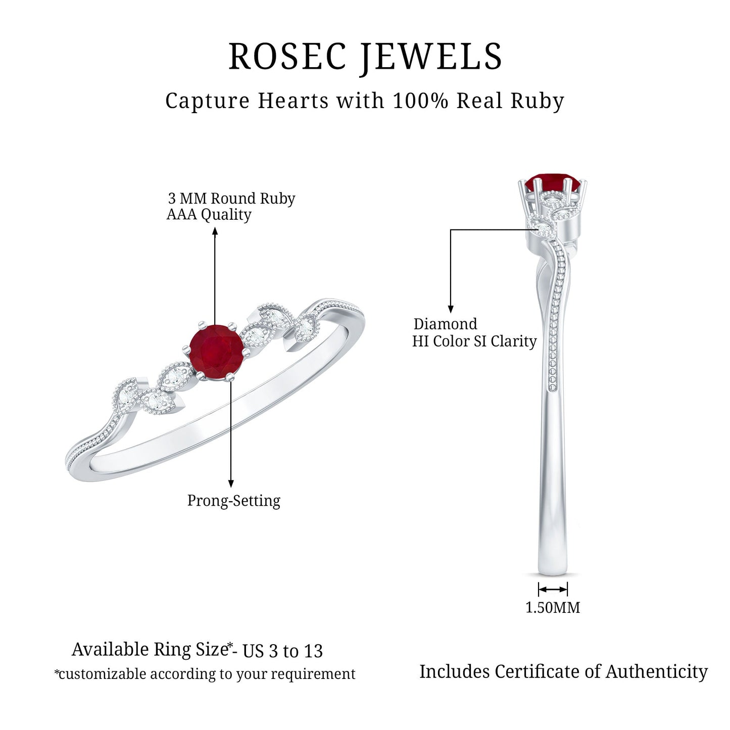 Certified Ruby and Diamond Leaf Branch Promise Ring