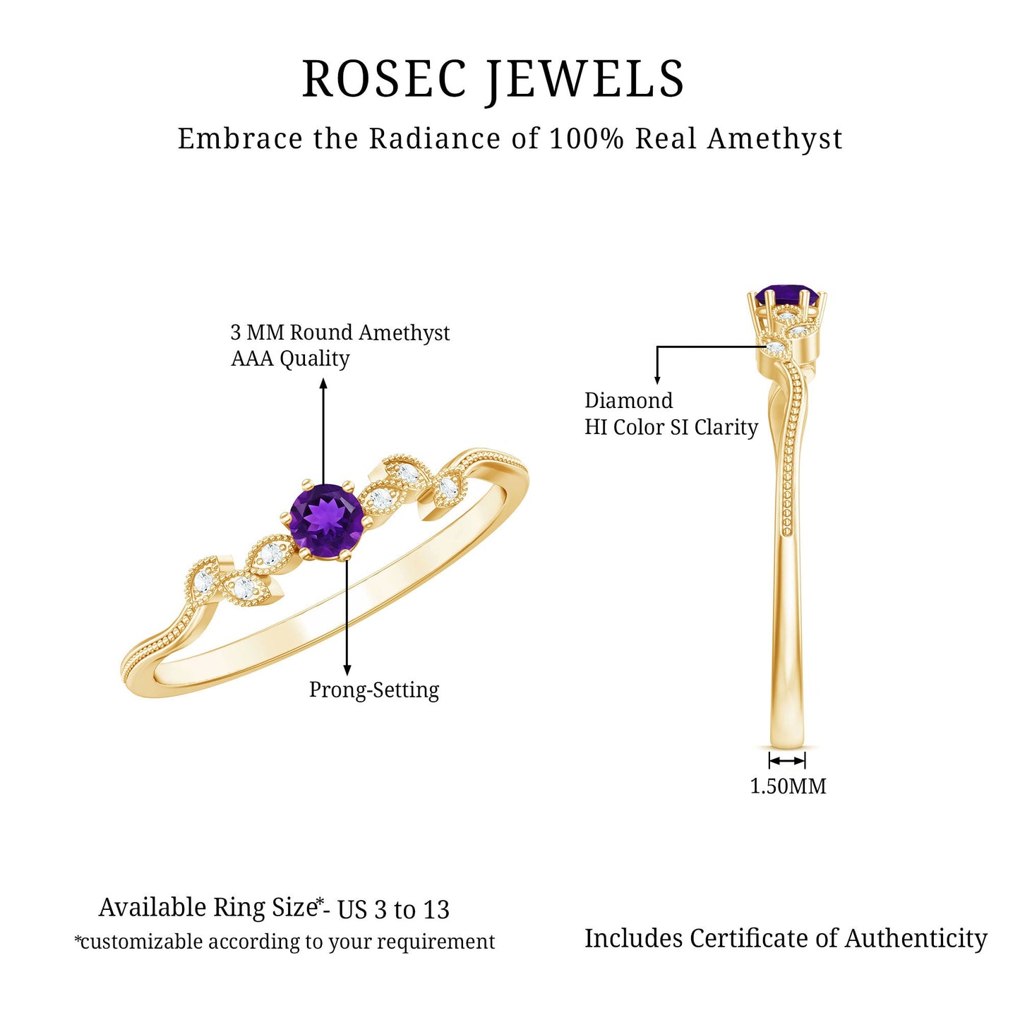 Nature Inspired Amethyst Promise Ring with Diamond