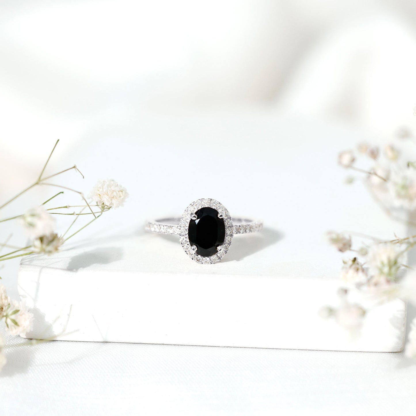 1 Carat Oval Black Onyx and Diamond Halo Engagement Ring