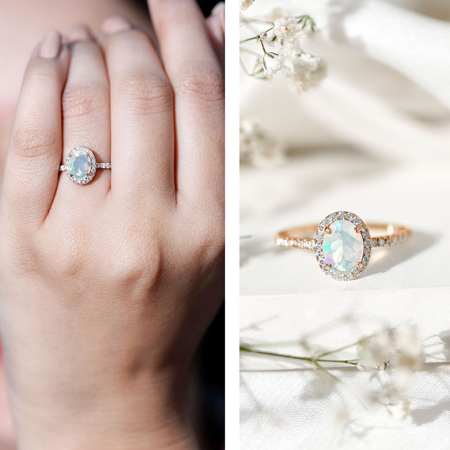 Certified Real 1.2 Carat Ethiopian Opal Oval Engagement Ring with Diamond Halo