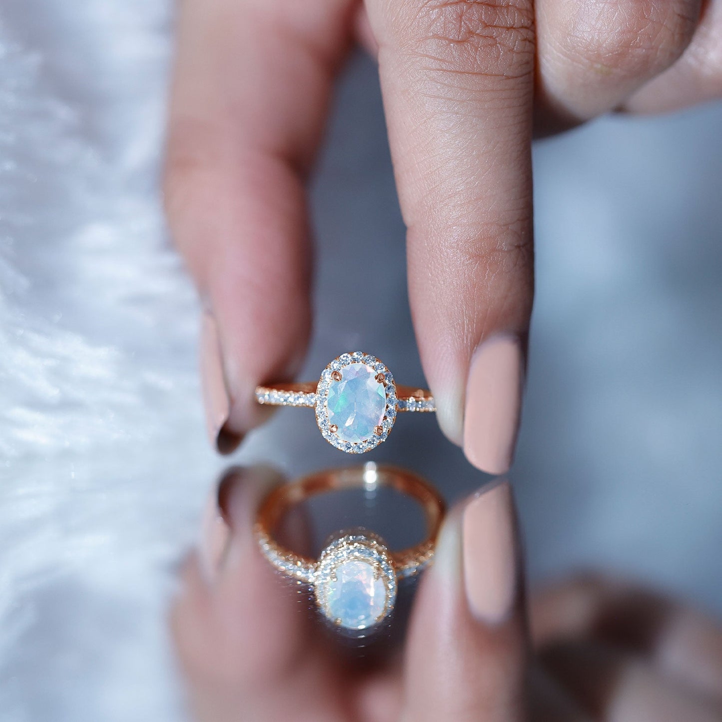 Certified Real 1.2 Carat Ethiopian Opal Oval Engagement Ring with Diamond Halo