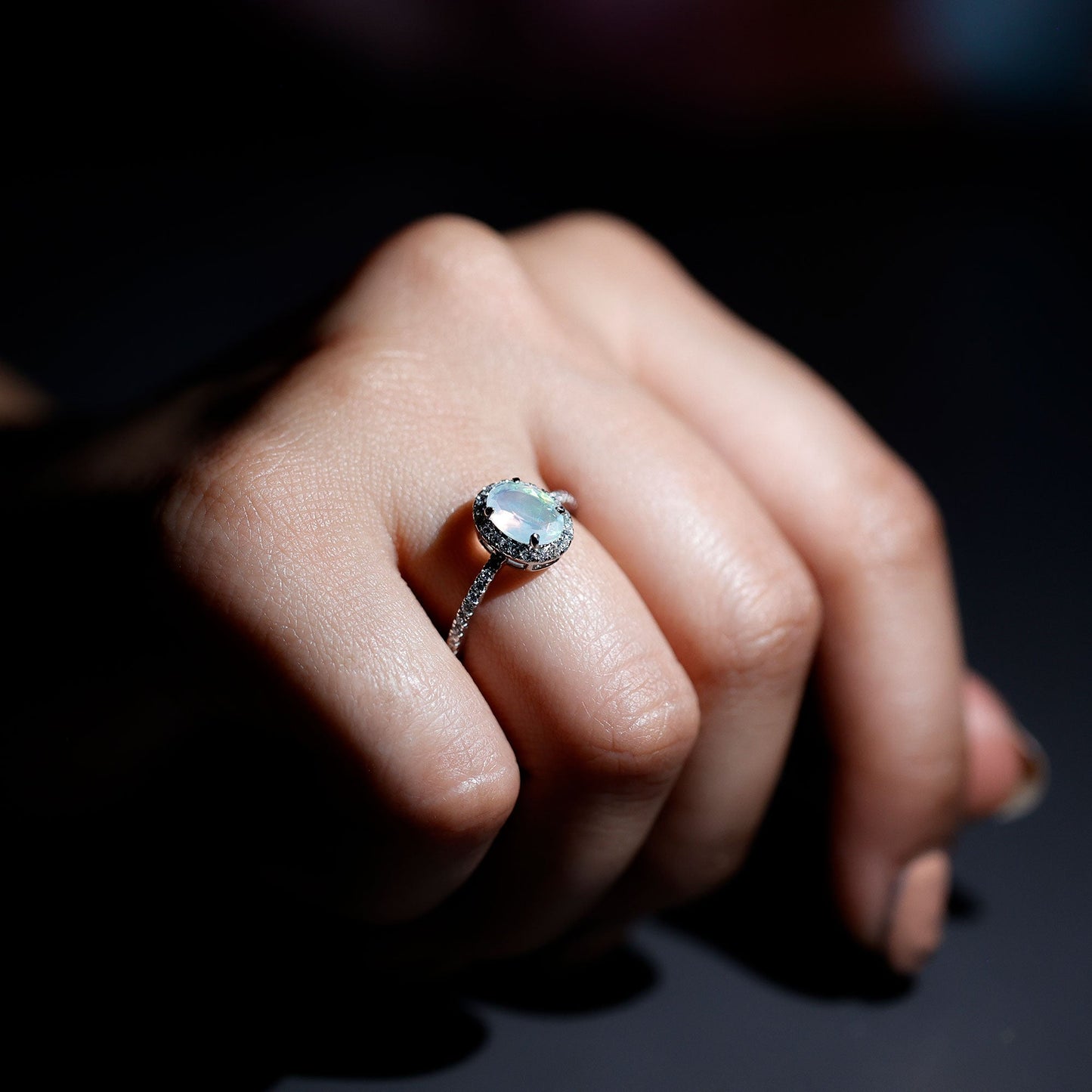 Certified Real 1.2 Carat Ethiopian Opal Oval Engagement Ring with Diamond Halo