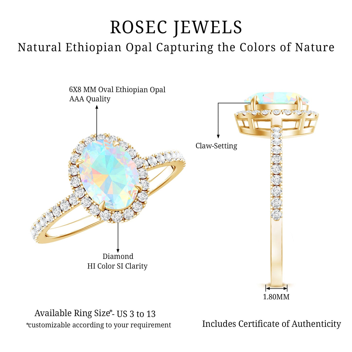 Certified Real 1.2 Carat Ethiopian Opal Oval Engagement Ring with Diamond Halo