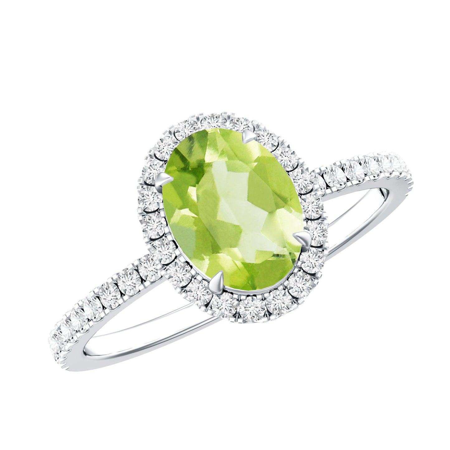 Natural 1 Carat Peridot Oval Engagement Ring with Diamond Halo