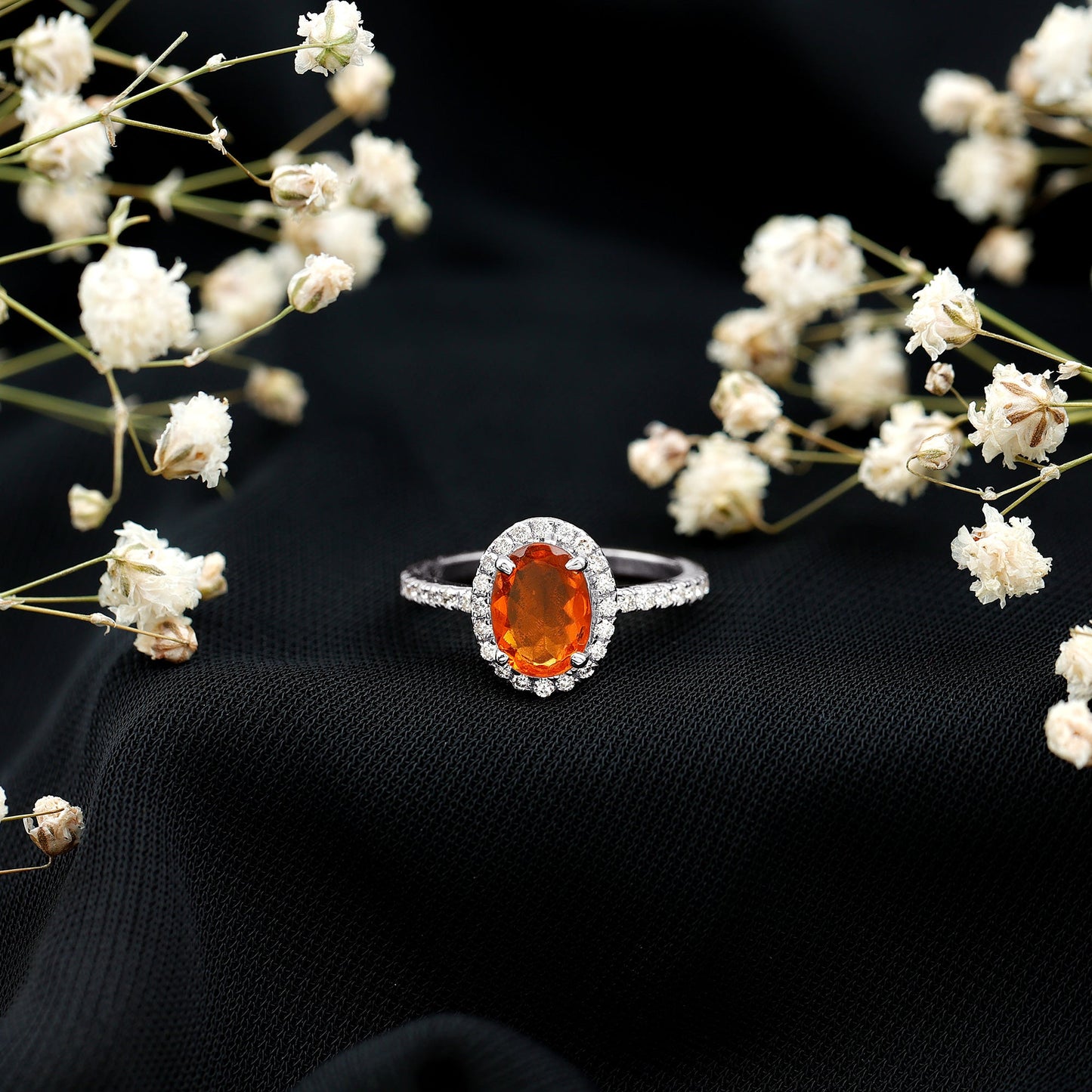 Oval 1 Carat Fire Opal Engagement Ring with Diamond Halo