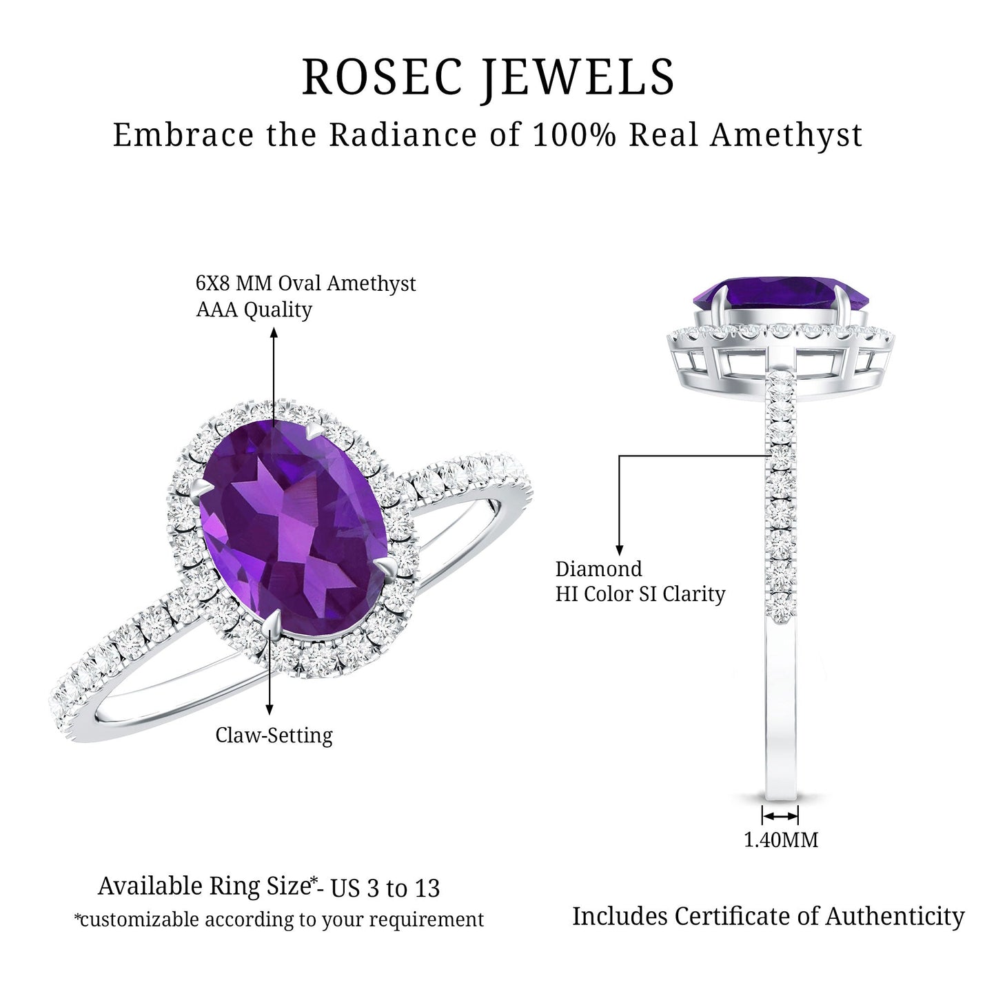 1 Carat Amethyst Oval Engagement Ring with Diamond Halo